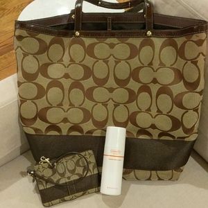 Coach signature stripe large tote and wristlet
